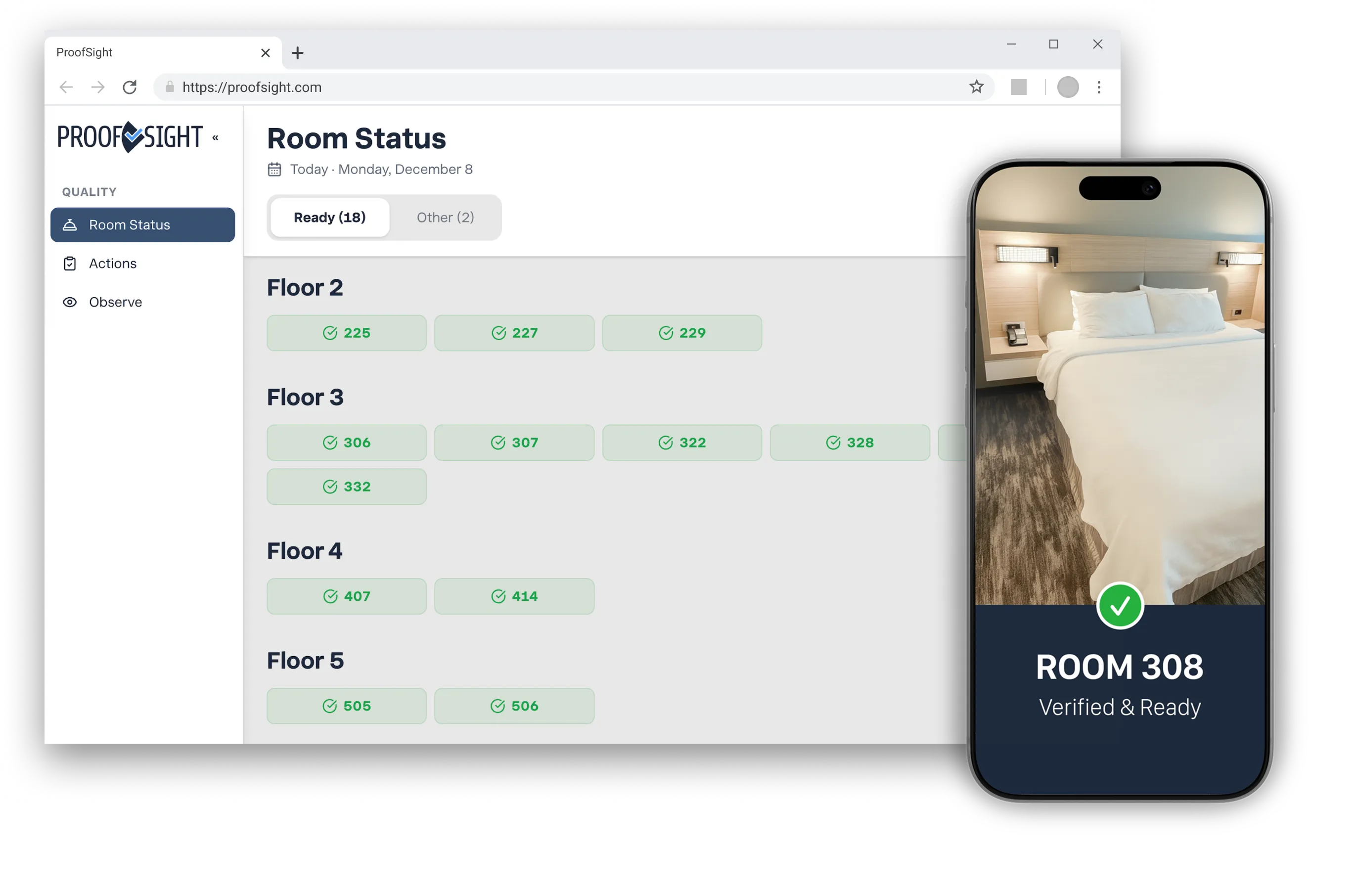 ProofSight mobile app showing room verification
